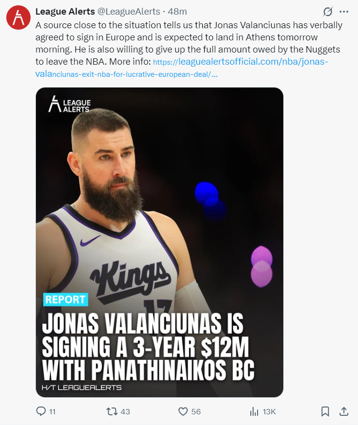 曝瓦兰将放弃两年2千万重返欧洲！掘金可转追布歇兰代尔减压约神